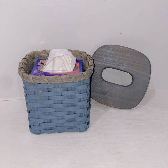 Blue Woven Wicker Basket Tissue Box Holder with Wood Gray Wash Lid - Picture 10 of 11
